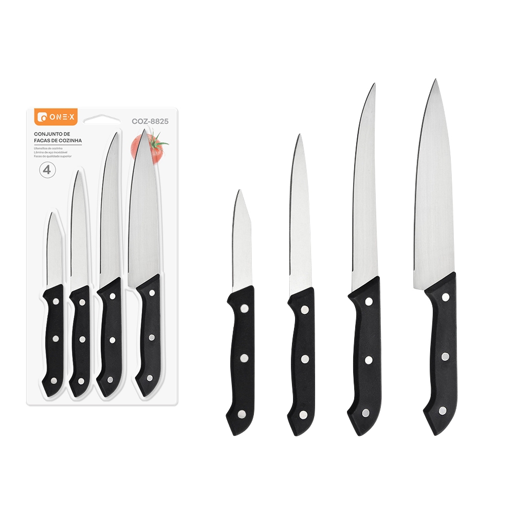 4-Piece Knife Set, Plenus Line, Black Plastic Handle - Tramontina Set Stainless Steel Kitchen Multipurpose Cutlery