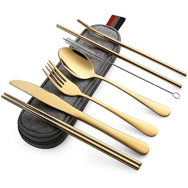 DEVICO Portable Utensils, Travel Camping Cutlery Set, 8-Piece including Knife Fork Spoon Chopsticks Cleaning Brush Straw