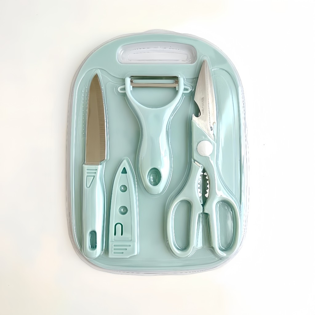 Aço inoxidável Food Knife Sets, faca de frutas, Egg Fryer, placa de plástico, faca de cozinha infantil,infantil, 5 pcs