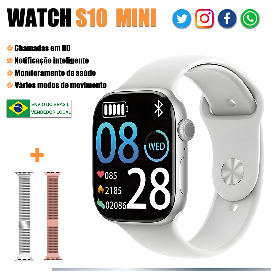 Lançamento Smartwatch Mini S10 com Chamada Bluetooth, Calculadora, Recarga sem Fio e À Prova d'Água - Unissex