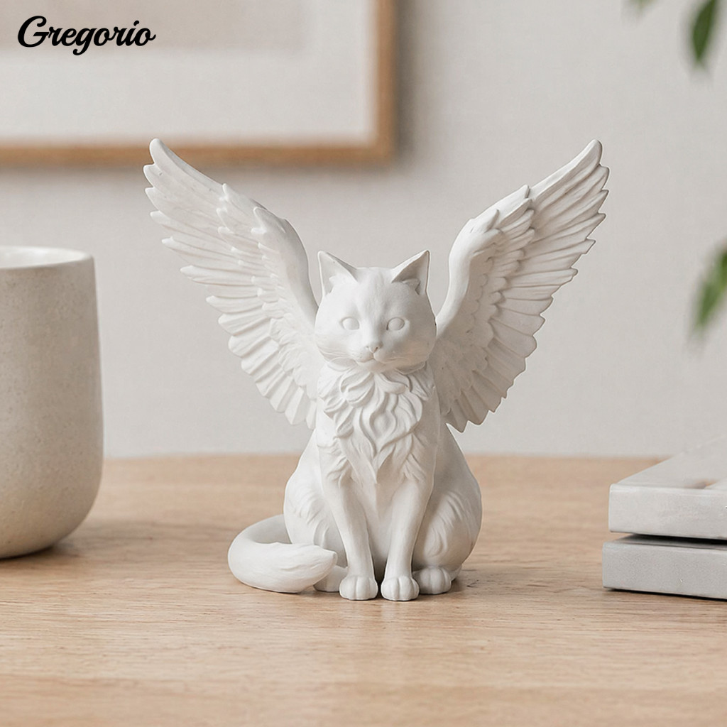 Small Decorative Figures Angel Cat Statues Desk Ornament Matte White 3d Printed Minimalist Winged Sculpture Home Office