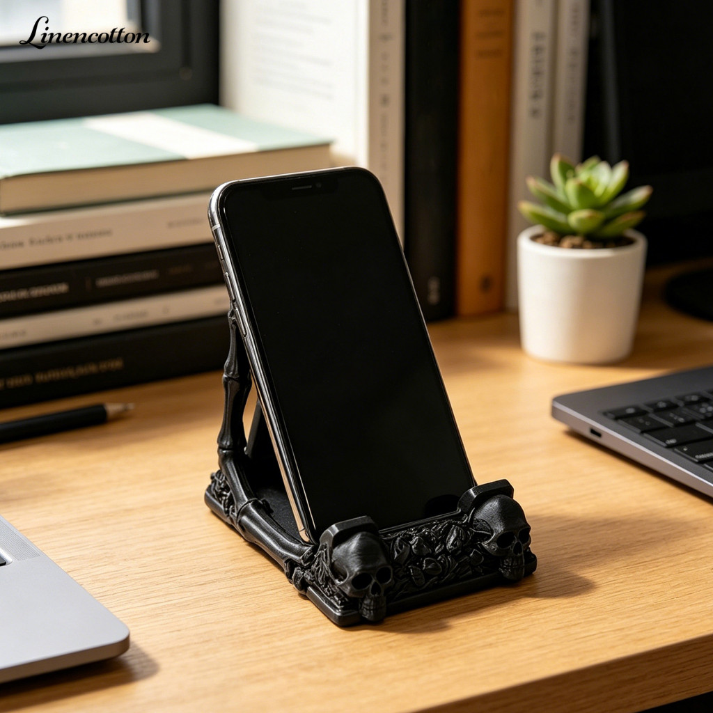 Phone Holder Skull Stand – 3d Printed Matte Black Skeleton Design Stable Desktop Mobile Unique Style Accessory for Pho