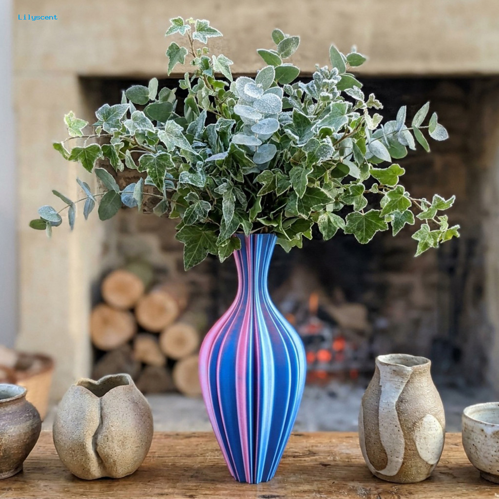 Radial Vertical Line Vase Matte Texture Modern 3d Printed Geometric – Stylish Decorative Flower Pot for Room Kitchen O