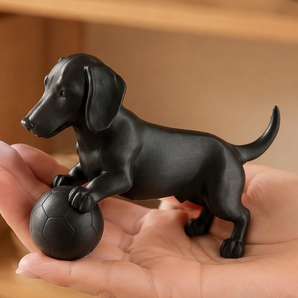 Matte Black Mini Dachshund Football Figurine – 3d Printed Modern Minimalist Dog Statue Perfect Home Office Shelf Decor