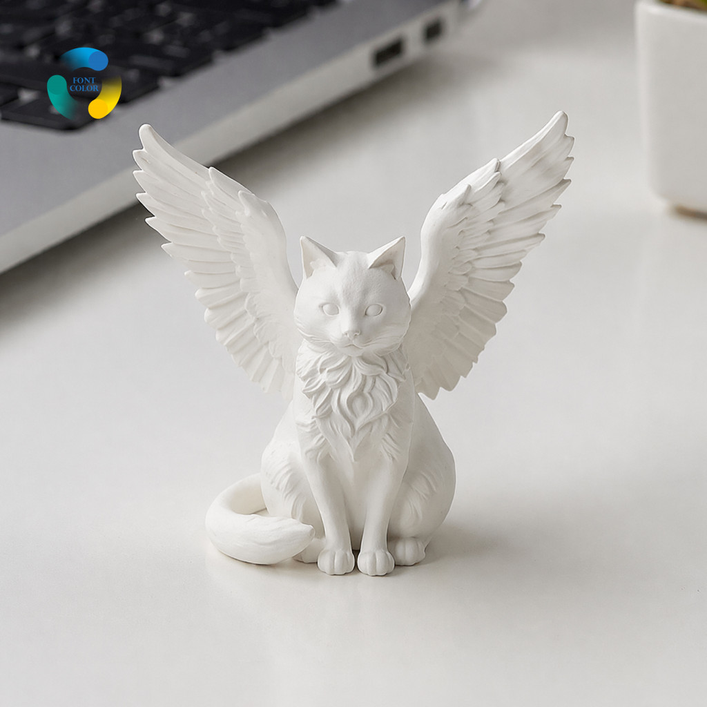 Simple Textured Art Angel Cat Statues Desk Ornament Matte White 3d Printed Minimalist Winged Sculpture Home Office Shelf