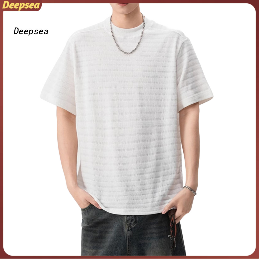 Men's Summer Casual T-shirt Round Neck Short Sleeve 3d Striped Jacquard Design Solid Color Loose Fit Top Lightweight Bre