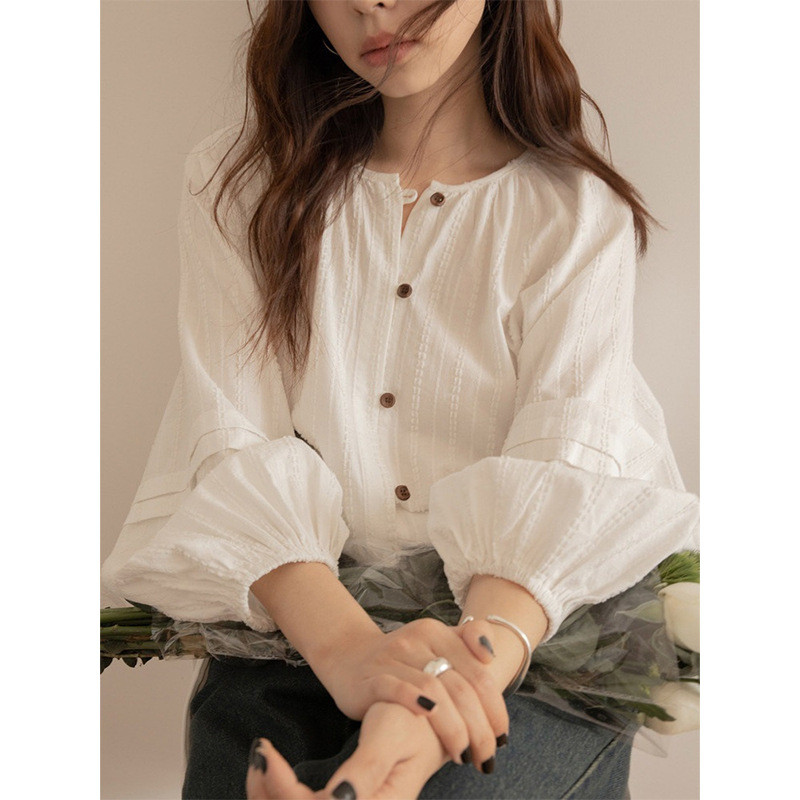Lantern sleeve shirt2025Spring and summer new style loose jacquard open-front round-neck outerwear shirt with a high-end