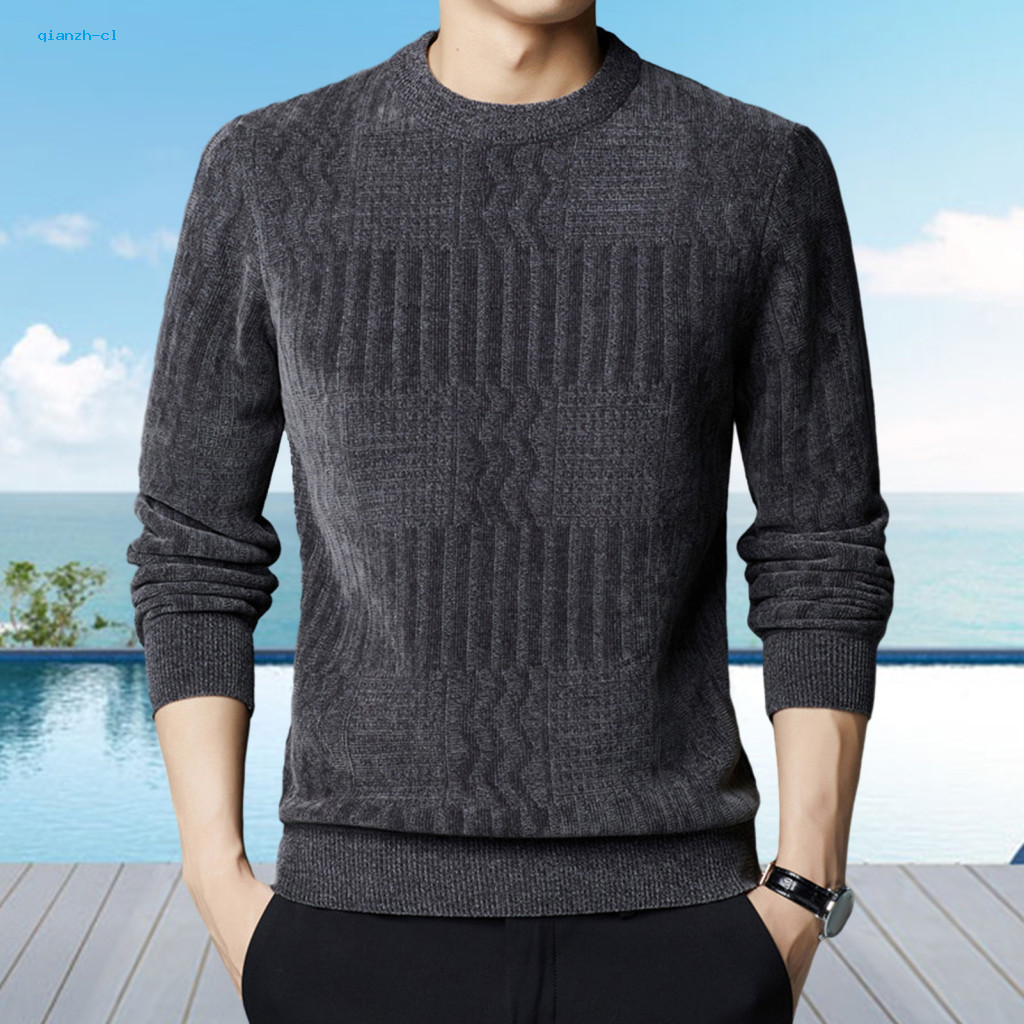 Men Solid Color Sweater Jacquard Design Men's Fall Winter Thick Knit Round Neck Long Sleeve Pullover Plus Size Casual Mi