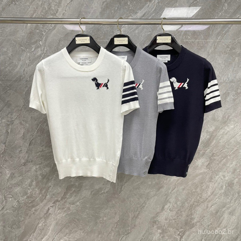 EBC5 Summer new style, age-reducing, slimming, jacquard puppy print, round neck T Classic Four-Bar Knit Short-Sleeve Top
