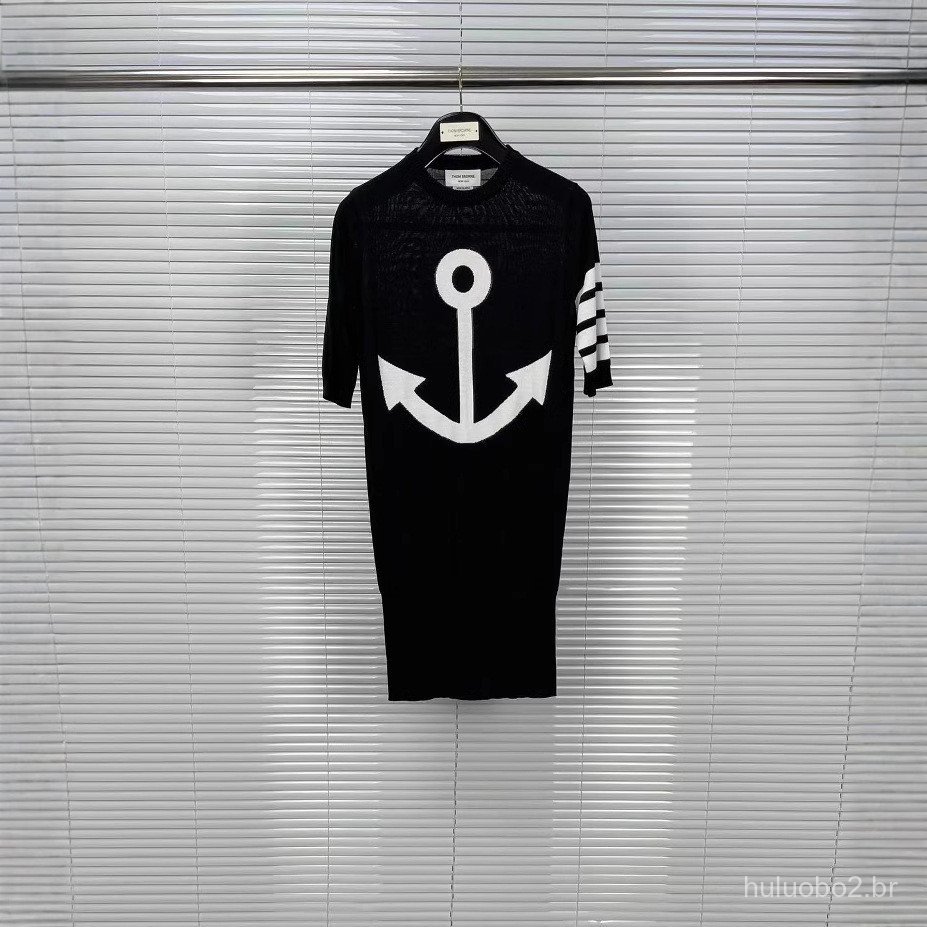 G1V9  23New College Style Anchor Pattern Ice Silk Jacquard Short Sleeve T Youthful Round Neck Pullover Knit Sweater