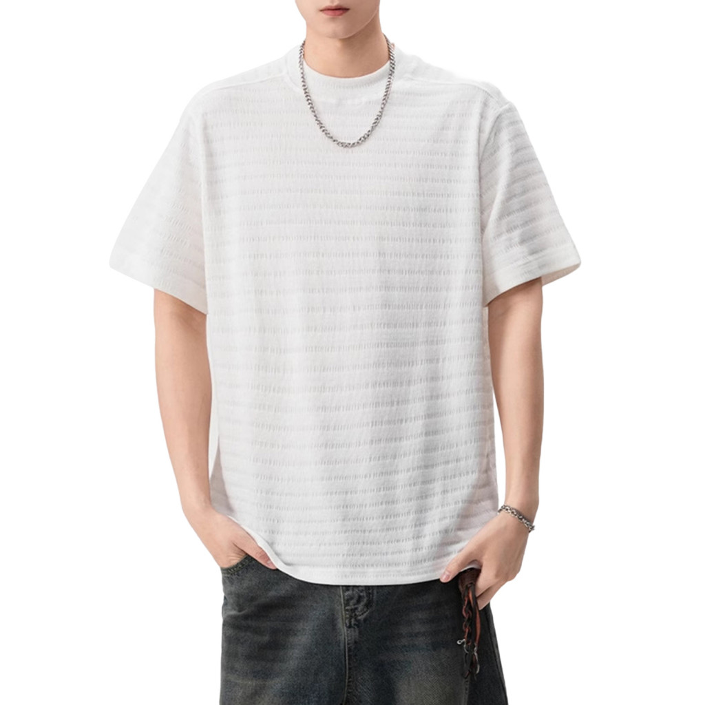 Men Round Neck Tee Striped Jacquard Summer Shirt Men's Casual T-shirt Short Sleeve 3d Design Solid Color Loose Fit for E