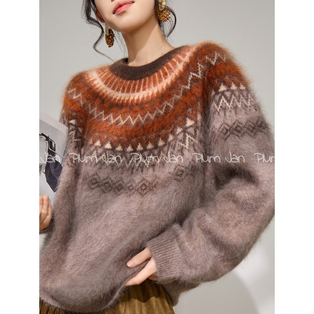 Fair Isle Loose Jacquard Sweater for Women, Round Neck, Casual Brushed Knitwear, Fashionable and Warm Top