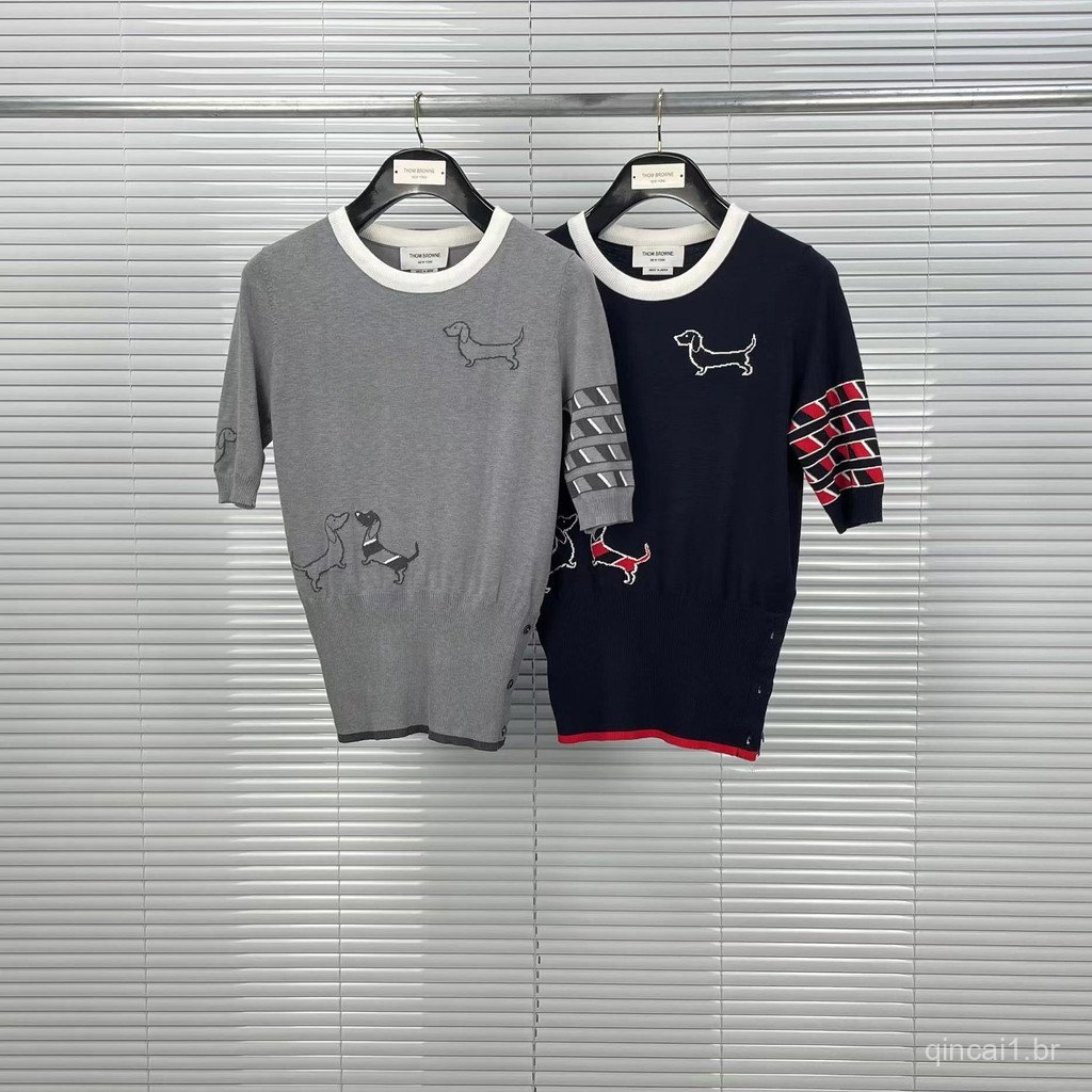 XOMF New Summer Four-Bar Slim-Fit Sweater with Puppy Jacquard, Round Neck, Short Sleeve, Versatile Knitwear for Girls