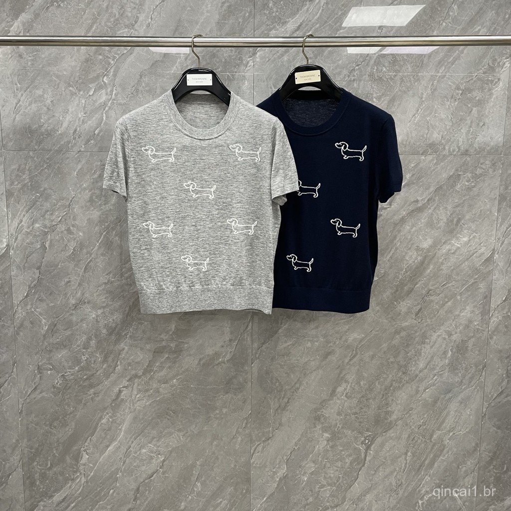 6I51 Summer new women's college-style casual knit top with all-over puppy jacquard, round neck, short sleeves