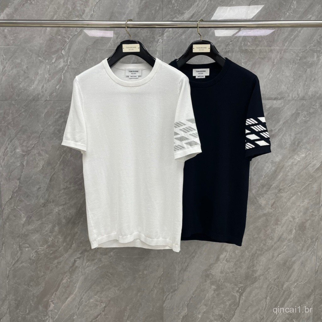 Z6TZ Summer new style four-bar diamond jacquard knitted round-neck short-sleeve unisex casual versatile design