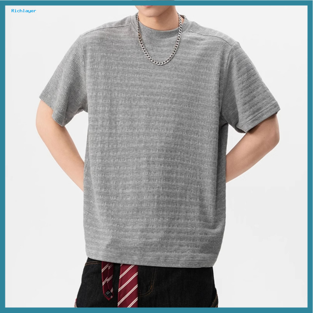 Men Jacquard Patterned T-shirt Round Neck Tee Men's Summer Casual Short Sleeve 3d Striped Design Solid Color Loose Fit T