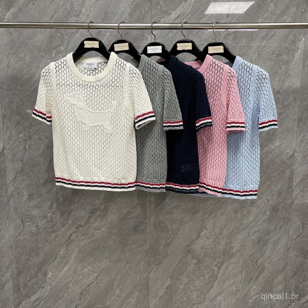 ROC7 Summer new college style double-sleeve red, white, and blue jacquard mesh puppy print round-neck short-sleeve knit