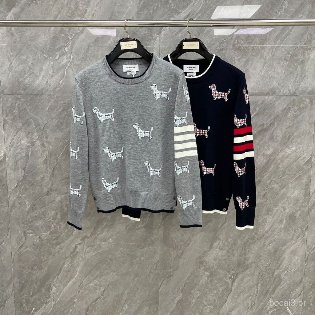 N68K Autumn new style four-stripe knitted round-neck jacquard puppy casual fashion couple matching trendy item