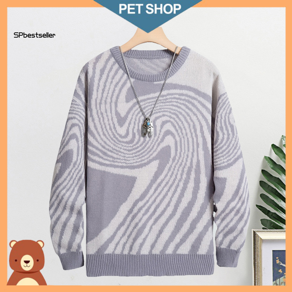 Long Sleeve Sweater Men Men's Fall Winter Thick Knit Contrast Color Geometric Striped Jacquard Round Neck Base Layer for
