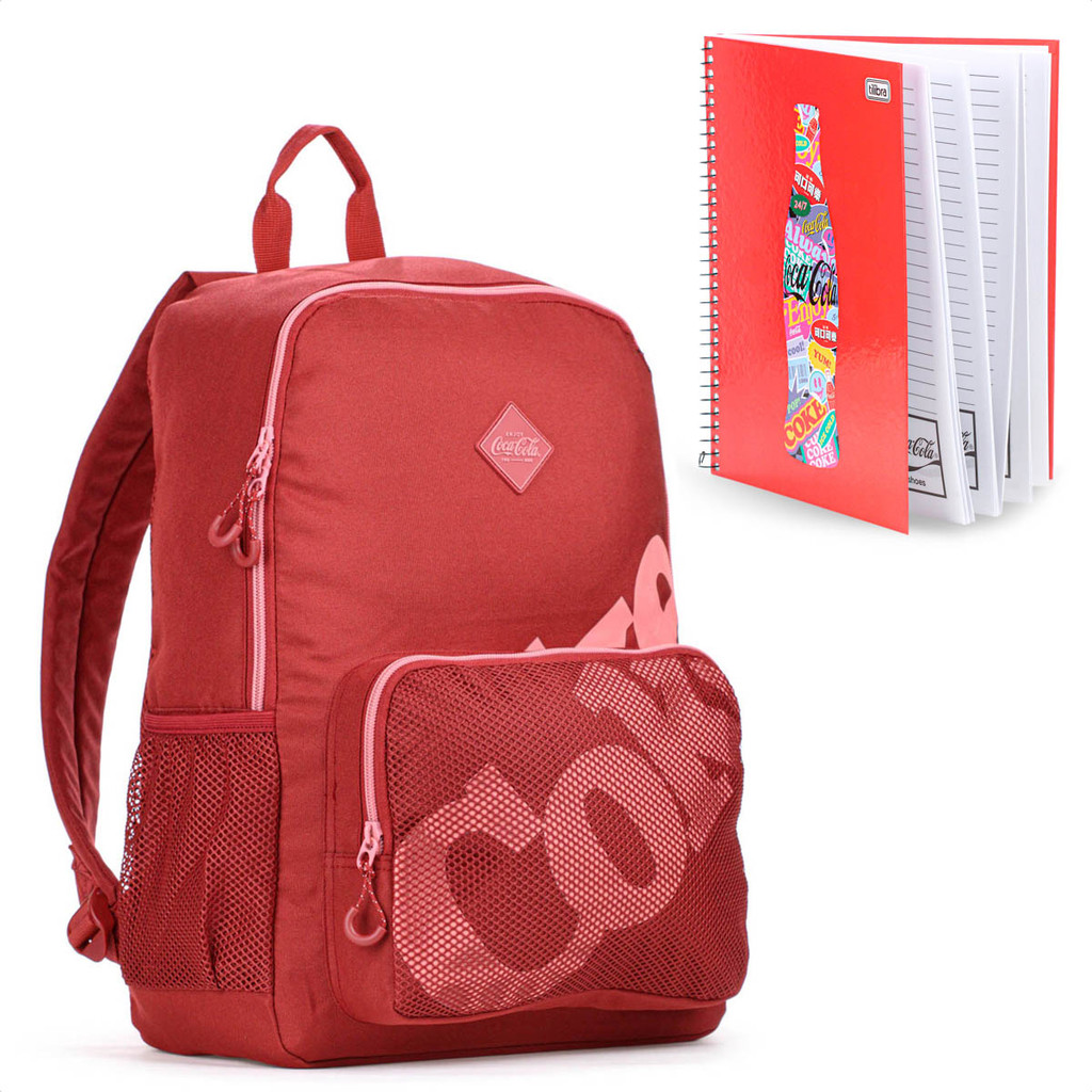 Kit Mochila Coca Cola Mesh Vermelho + Caderno Coca Cola Vermelho