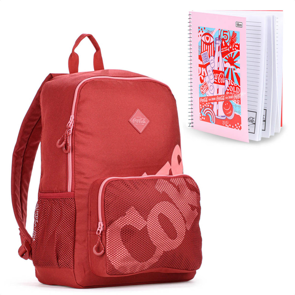 Kit Mochila Coca Cola Mesh Vermelho + Caderno Coca Cola Rosa