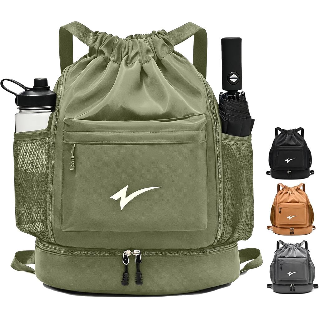 Sport Drawstring Backpack, Gym Bag with Mesh Side Pockets and Separate Shoe Compartment, Water-Resistant (Army-Green)
