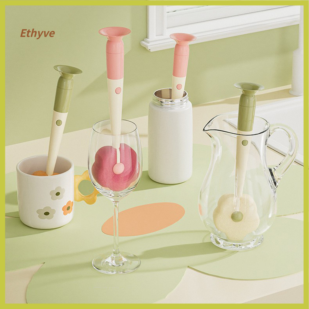 Bottle Lid Groove Brush Cup Cleaning Soft Flower-shaped with Long Handle and Suction Base – Water Container Scrubber S