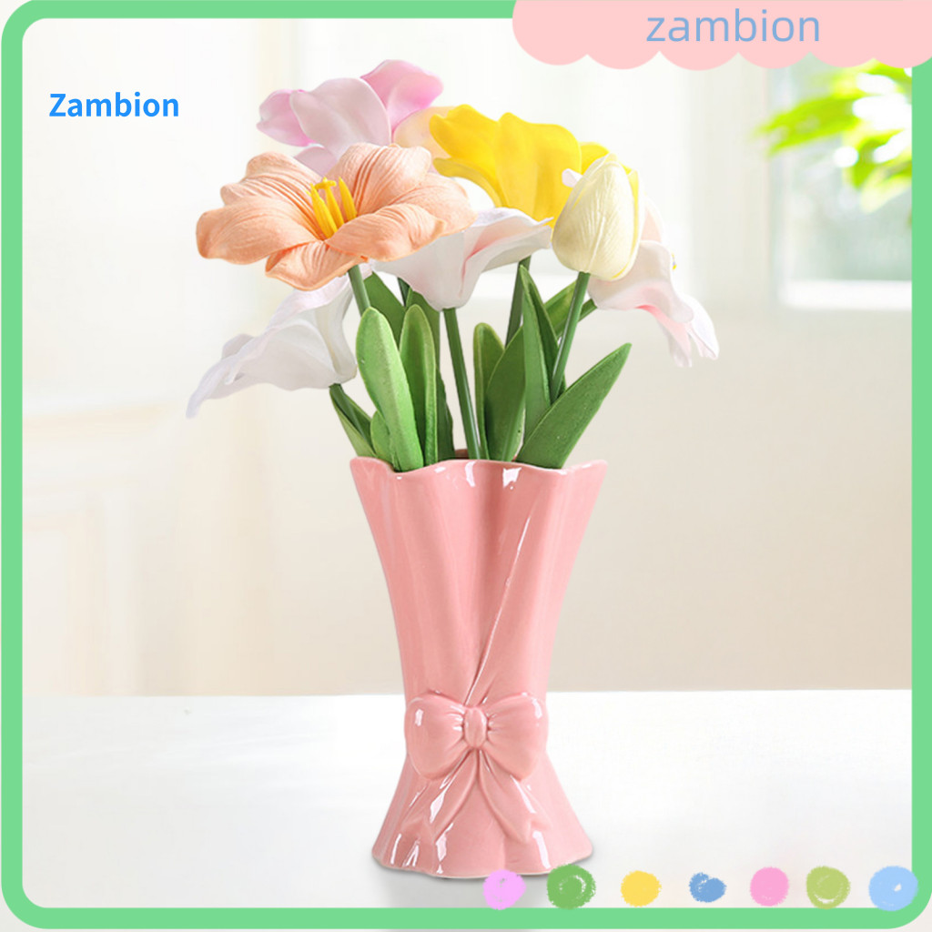 Ceramic Plant Pot Indoor Decorative Planter Pink White Vase with Bow Knot Accent – Elegant Flower for Room Dining Tabl
