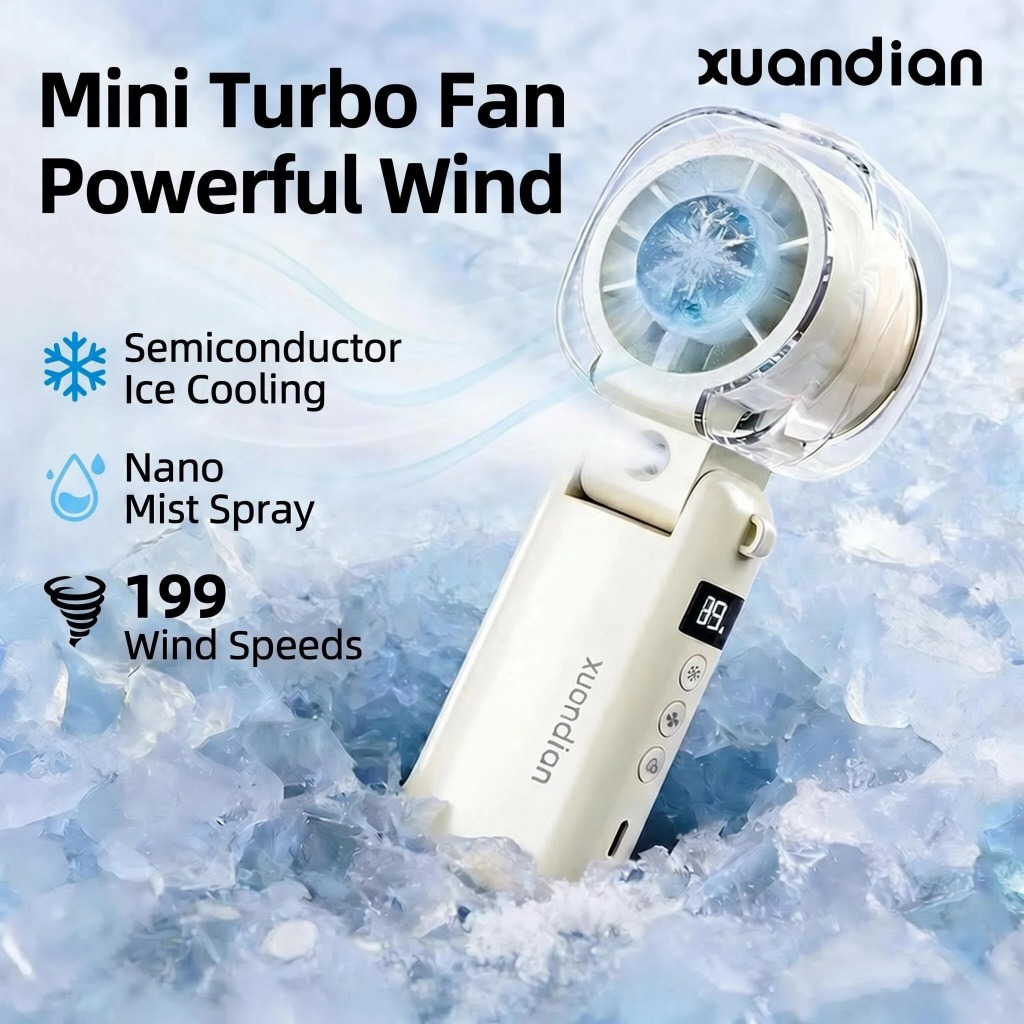 Novo XuanDian Nano Mist Spray Fan Semiconductor Ice Cooling 199 Speed LED Display USB Recarregável Dobrável Ventilador P