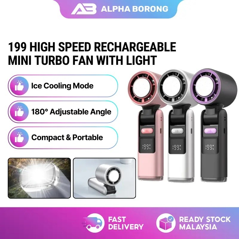 [Alpha Borong]Portable Mini Turbo Fan Ice Mode 199 Speed Level  LED Light  180° Adjustable K801