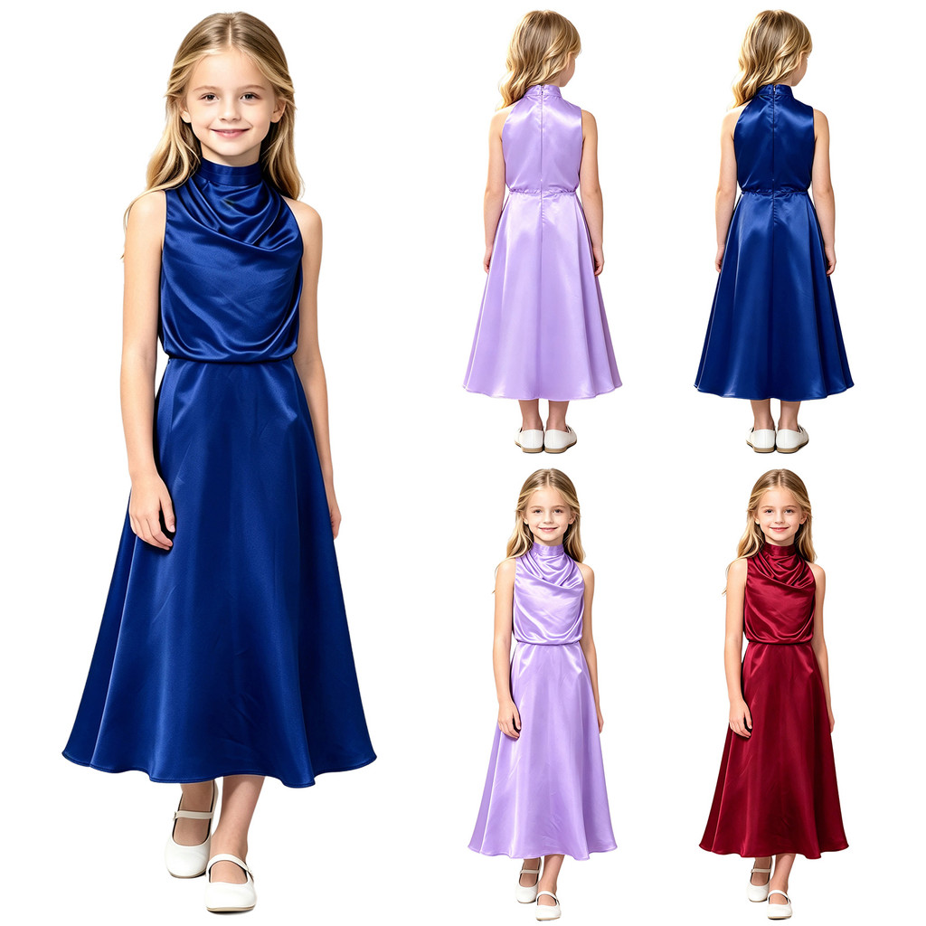 Aislor Kids Flower Girls Party Gown Sleeveless Ruched Bodice Elegant Satiny Dress for Wedding Party Pageant Banquet