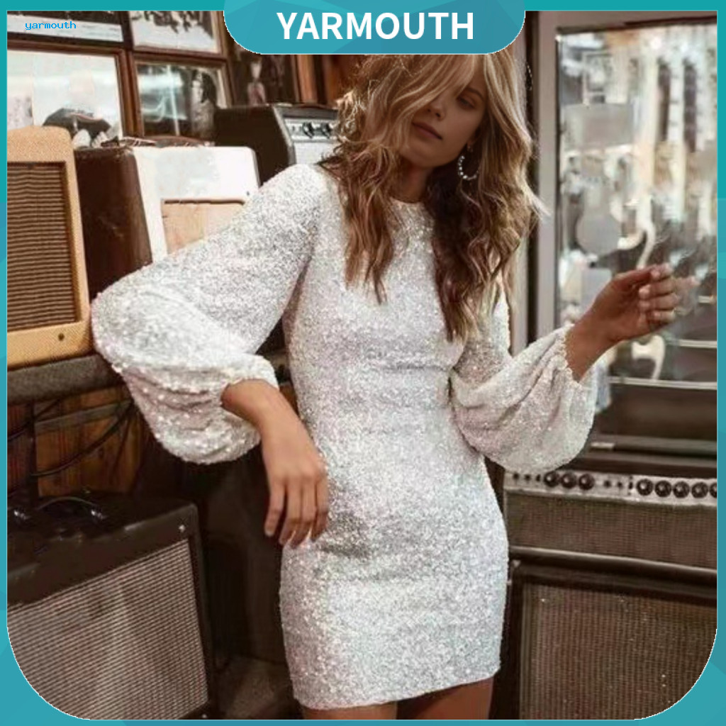 Women Sequin Dress Women’s Long Lantern Sleeve Mini Slim Fit Sheath Party Round Neck Prom Banquet for Spring and Fall