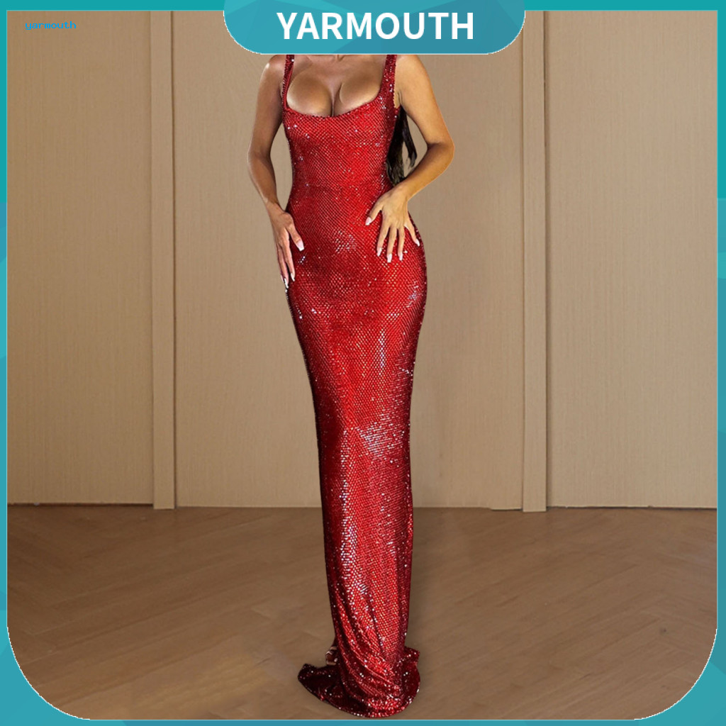 Women Slim Fit Dress Suspenders Women’s Evening Sequin Low-cut Maxi Solid Color Floor-length Prom Party Banquet Weddin