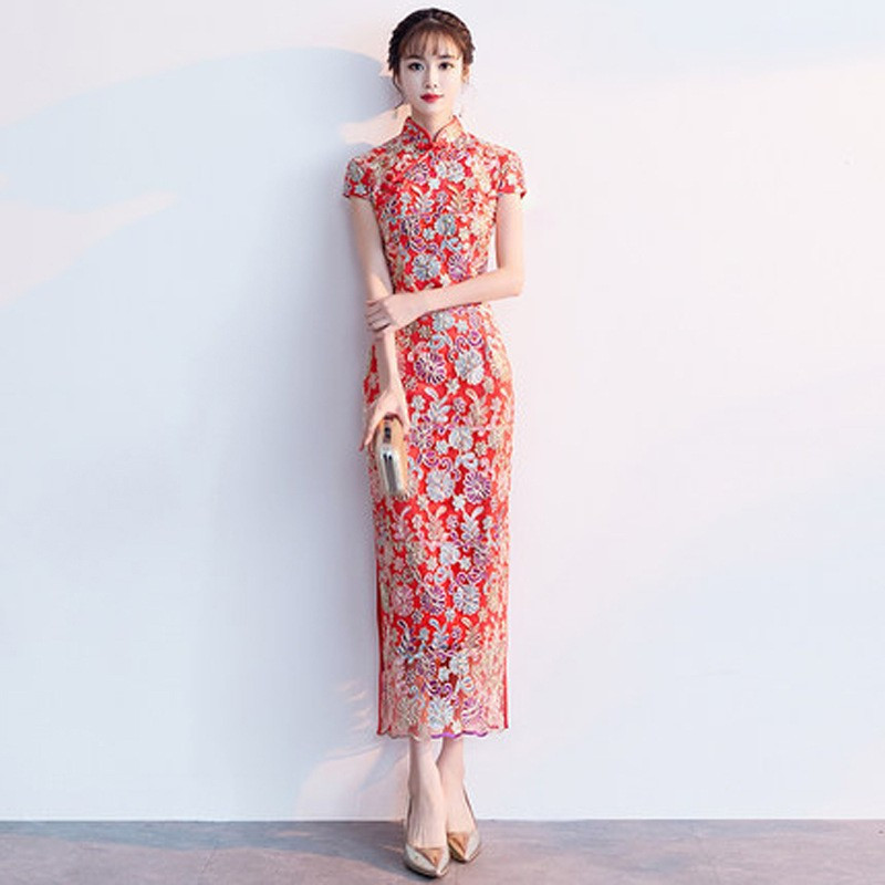 2023 Embroidered Stand Collar Cheongsam, New Summer Style, Long Bridal Dress for Wedding and Banquet, Modified Cheongsam