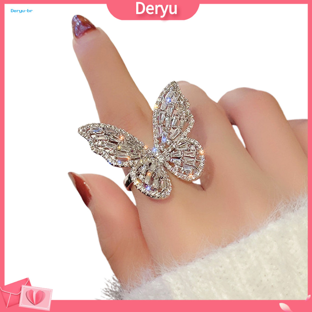 Butterfly Ring Adjustable Open Elegant Women’s Hollow Out Rhinestone Alloy Band for Wedding Party Banquet Jewelry –
