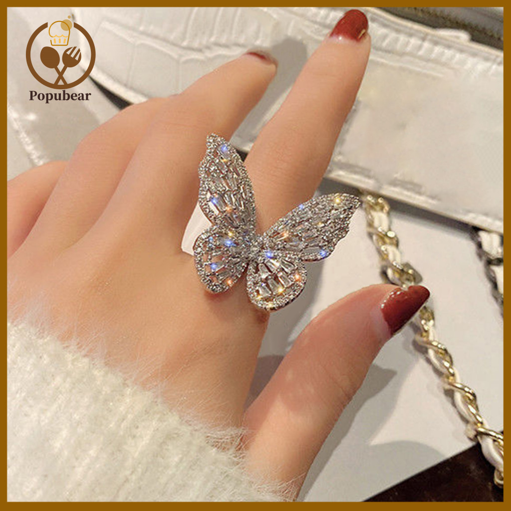 Butterfly Rhinestone Ring Adjustable Elegant Women’s Hollow Out Alloy Band for Wedding Party Banquet Jewelry –