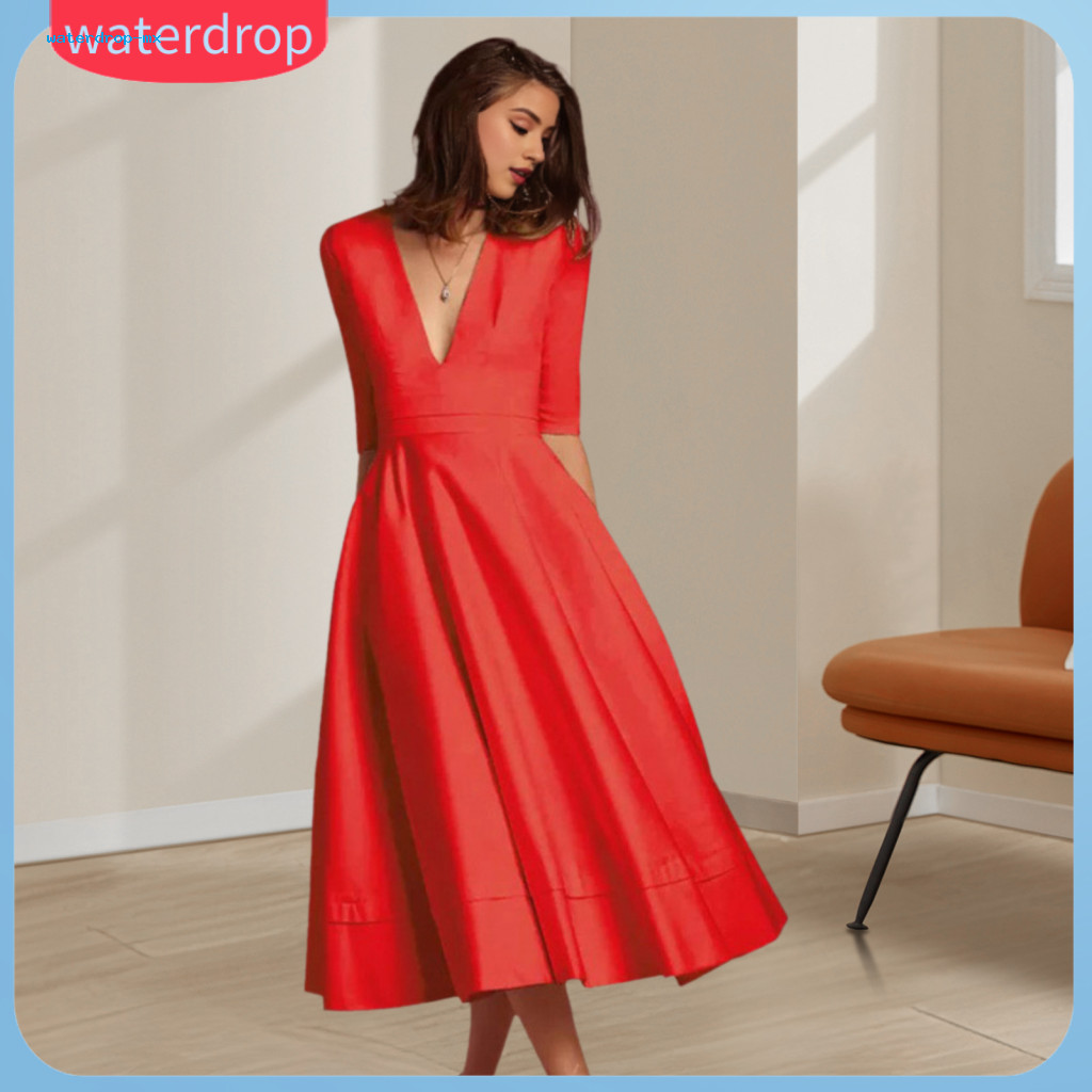 Women’s Midi Dress V Neck A-line Flowy Hem Half Sleeve Solid Color Elegant Evening Party Prom Banquet Perfect for Dati