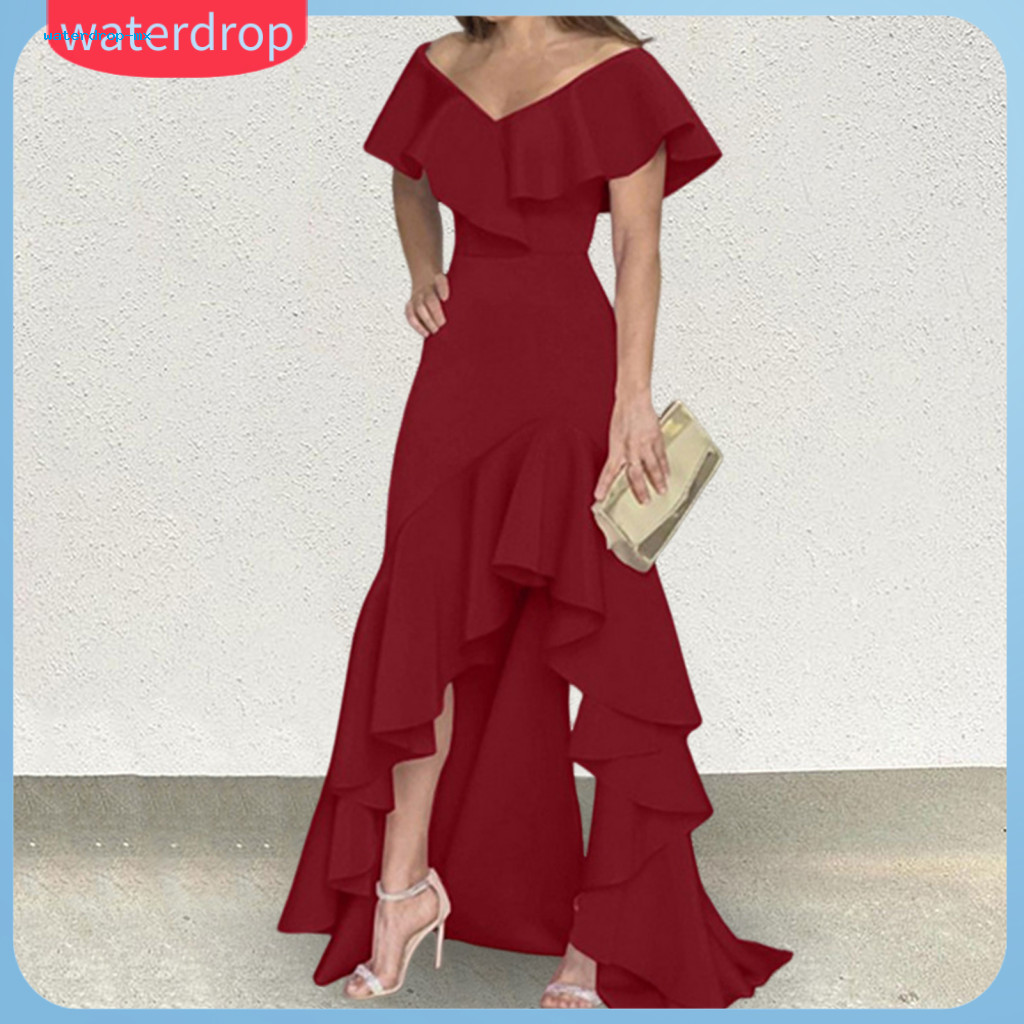 Women’s Evening Dress Sleeveless V Neck Ruffle Patchwork Slim Fit Irregular Hem Floor-length Maxi Gown Party Banquet F