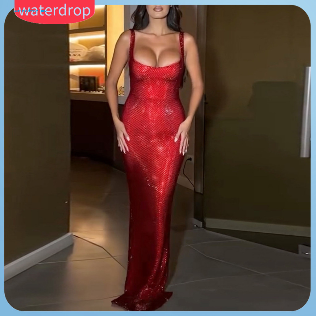 Women’s Evening Dress Sequin Low-cut Maxi Slim Fit Solid Color Floor-length Prom Party Banquet Wedding Sheath Elegant