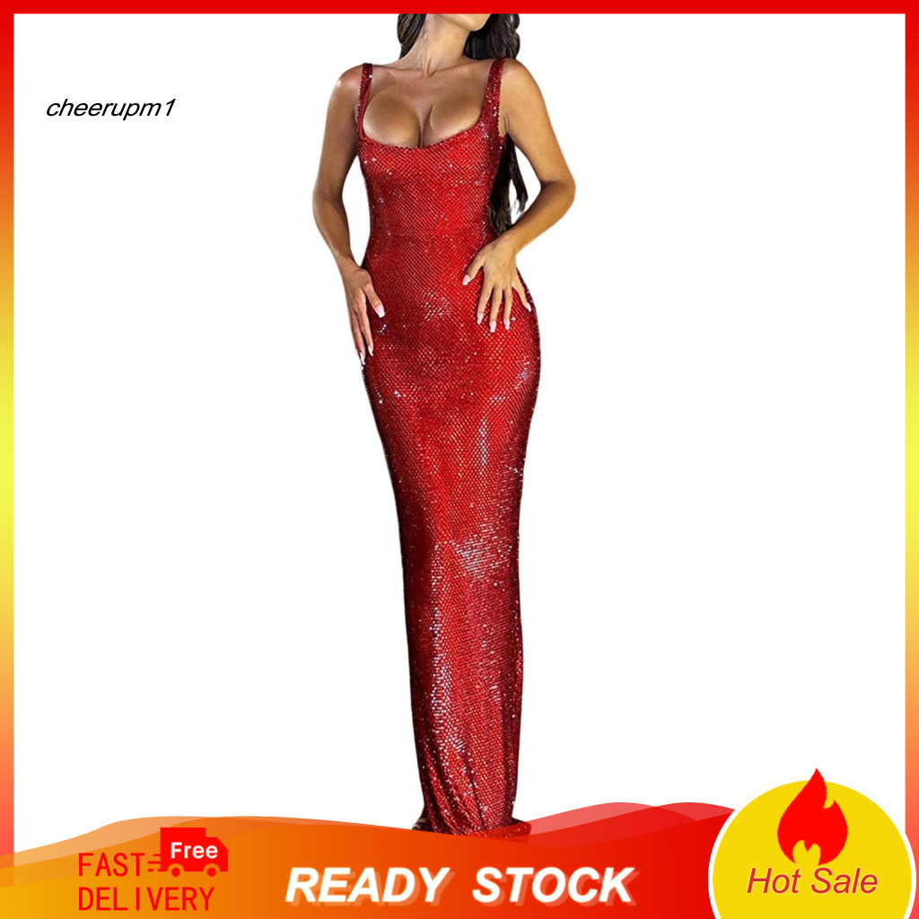 Women Slim Fit Dress Women’s Evening Sequin Low-cut Maxi Solid Color Floor-length Prom Party Banquet Wedding Sheath El
