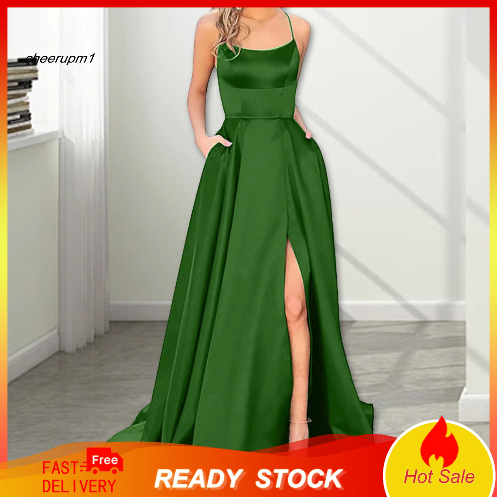 Banquet Maxi Dress Lightweight Fabric Elegant Satin Evening for Women Spaghetti Strap Off Shoulder High Slit Backless A-