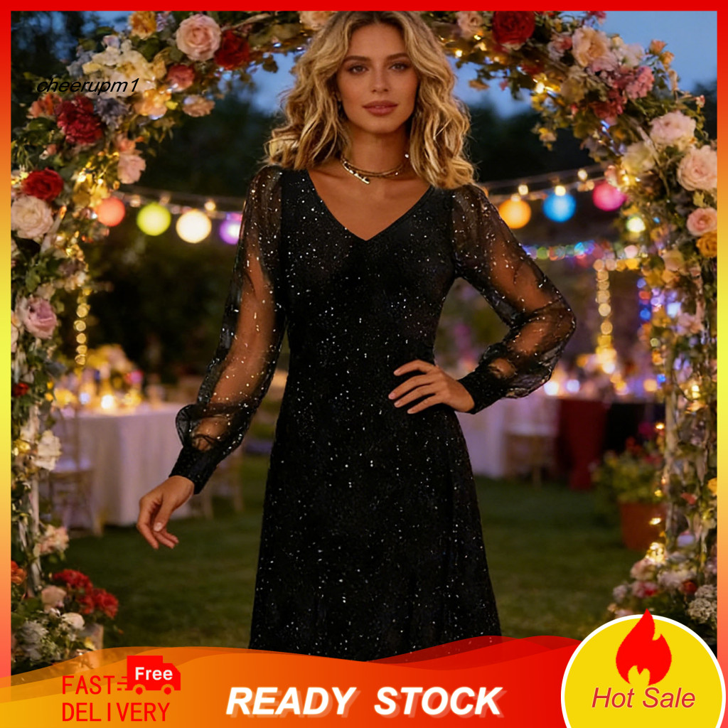 Polyester Dress Long Sleeve Women’s Sparkly Mesh Mini Glitter V-neck Cocktail Party Elegant Banquet Club Night Outfits