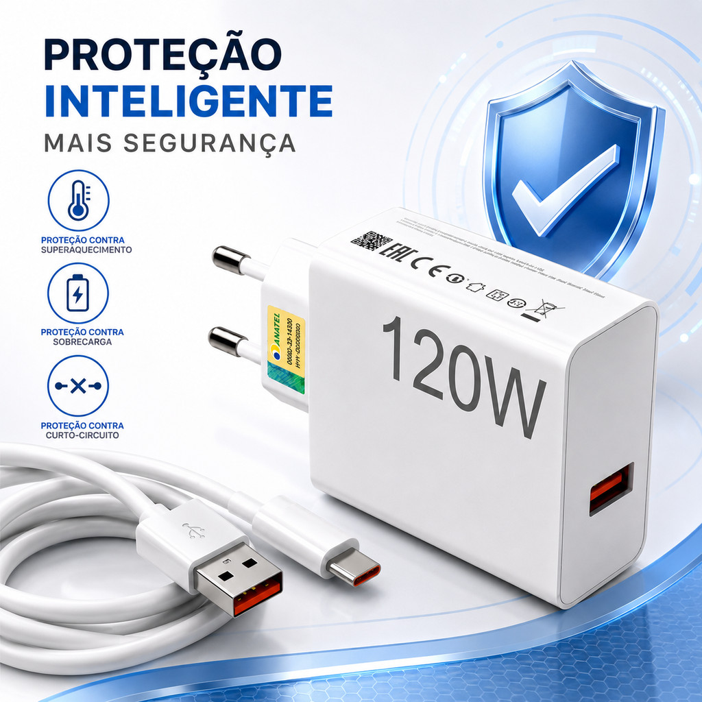 Kit Carregador 120W Super USB-C Carga Rápida Android Xiaomi Cabo Duplo Tipo C Fonte