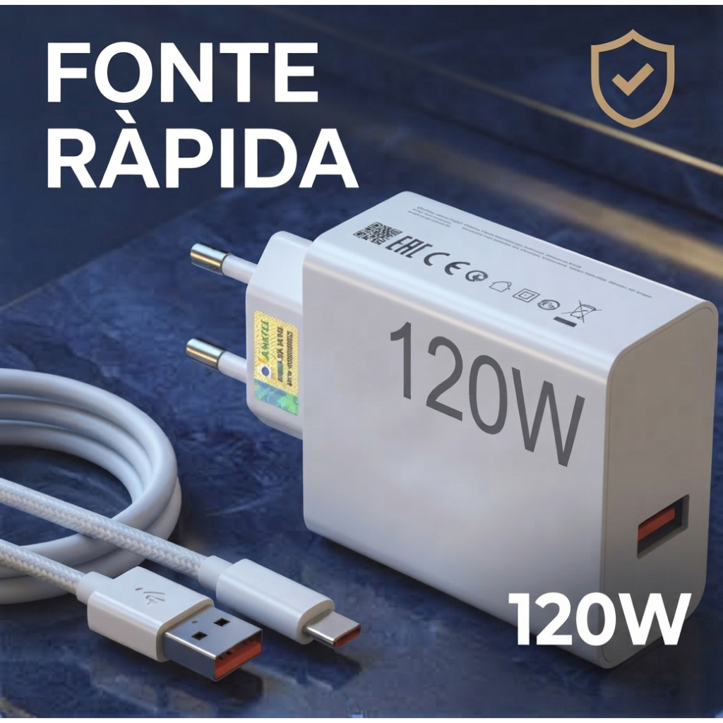 Carregador 120W Super USB-C Carga Rápida Android para Xiaomi Cabo Duplo Tipo C Fonte