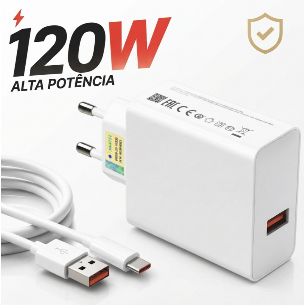 Fonte Carregador 120W Super USB-C Carga Rápida Android Xiaomi Cabo Duplo Tipo C Fonte