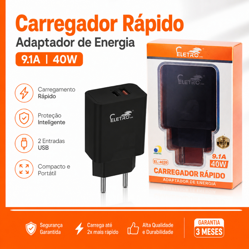 Carregador Rápido Turbo 40W USB-C Bivolt Compatível iPhone Android Samsung Xiaomi Carregamento Ultra Veloz Seguro
