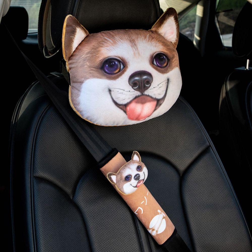 Encosto De Cabeça Do Carro Das Mulheres Dos Homens Interessante Rosto Cão Acessórios 3D Impresso Bonito Cinto De Seguran
