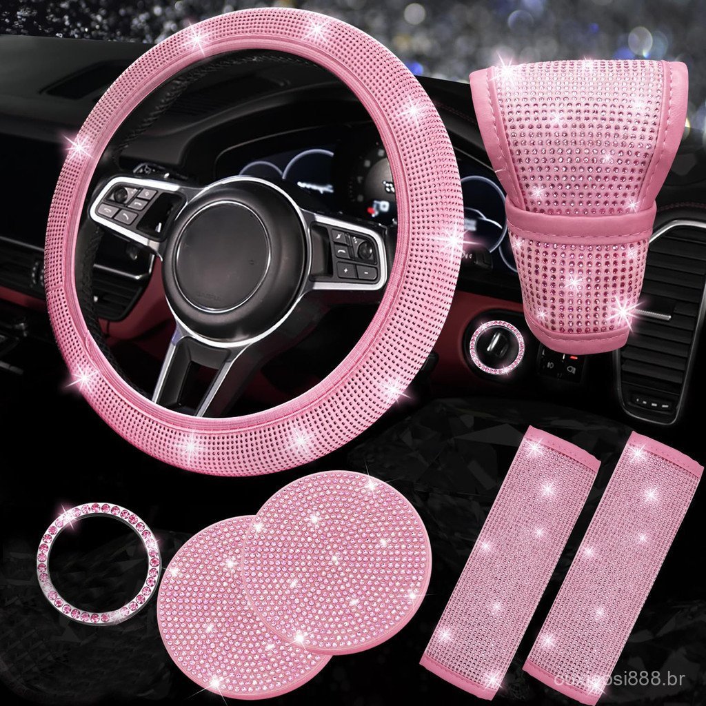 Capa de Volante de Diamante para Carro, Conjunto de Acessórios de Strass Brilhante de 7 Peças, Capas de Cinto de Seguran