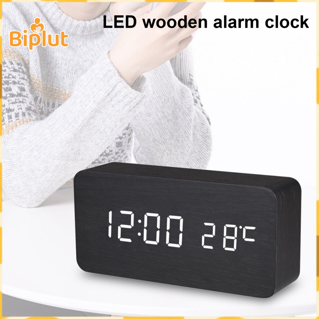 Led Display Clock Dimmable Alarm Wooden Digital with Screen Snooze Function Temperature – Easy to Read Modern for Bedr