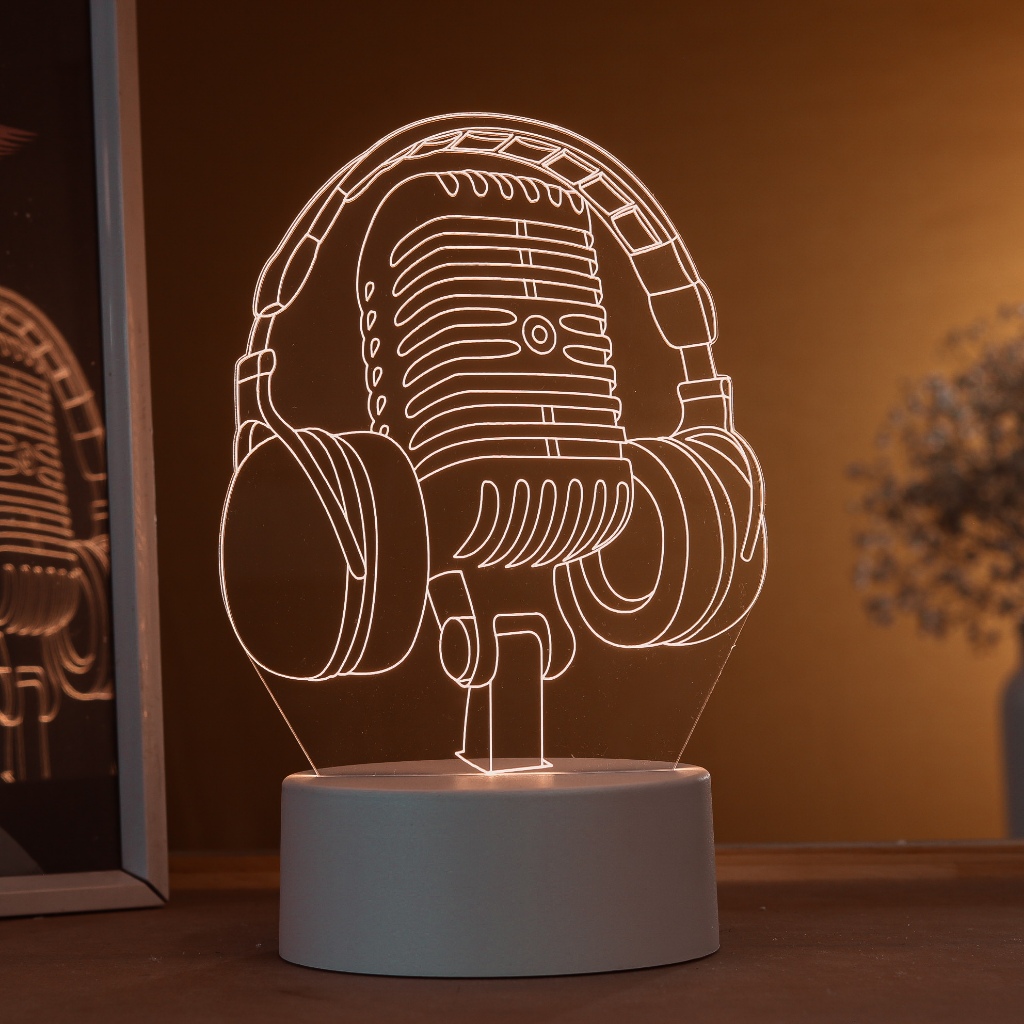Luminária LED 3D de Mesa / Luz Noturna Presente/ Decoração - microfone com fone, instrumento